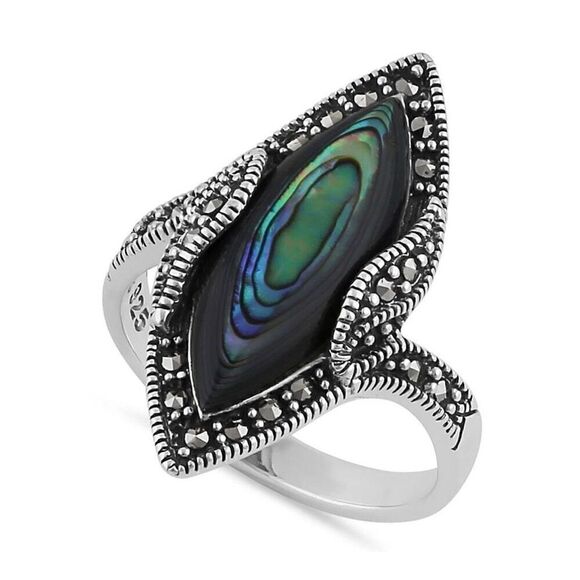 New Sterling Silver Abalone Marquise Marcasite Ring